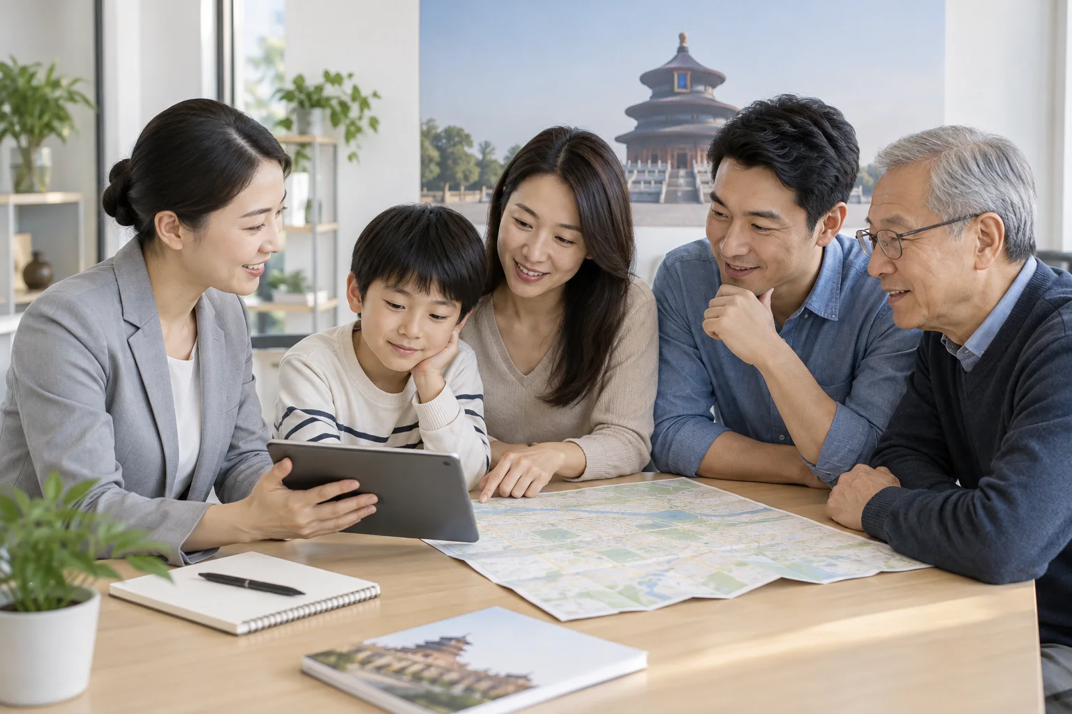 家庭与顾问讨论行程，AI生成的通用场景示意，非真实办公或客户记录