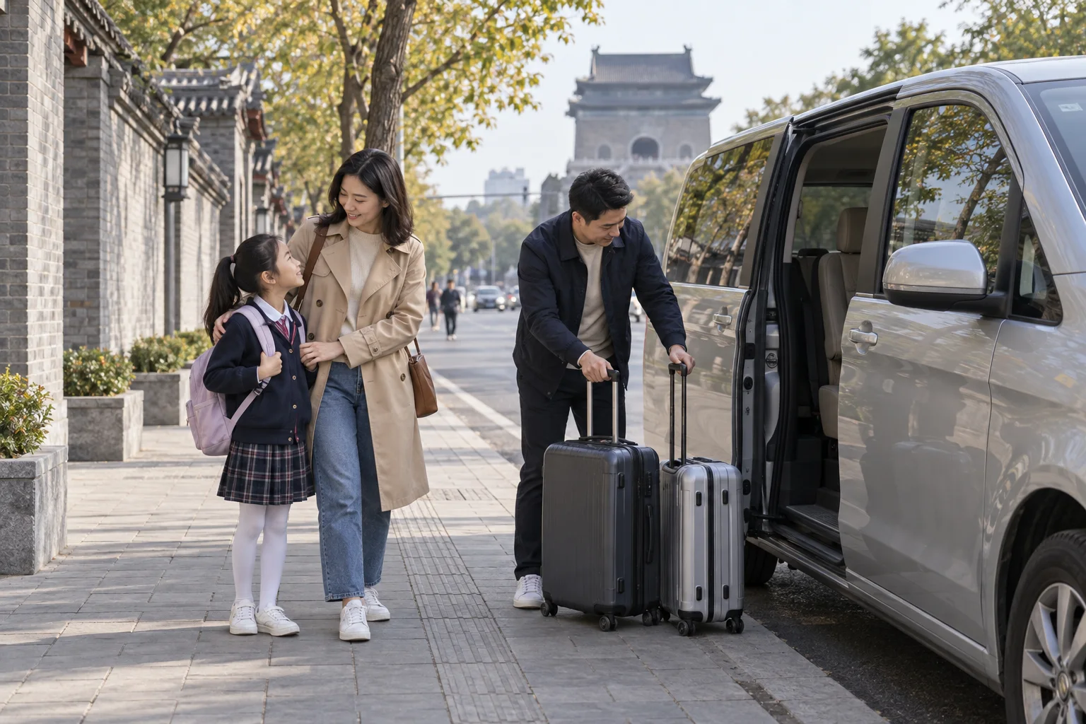 一家人在安全位置整理乘车行李，AI生成示意图，非实际车队或接待记录