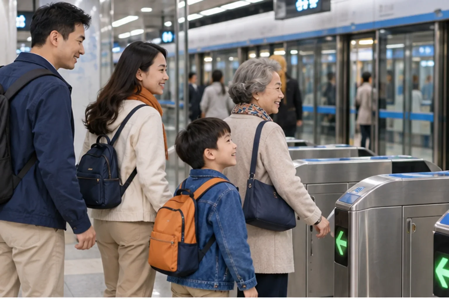 一家人在北京地铁站准备乘车