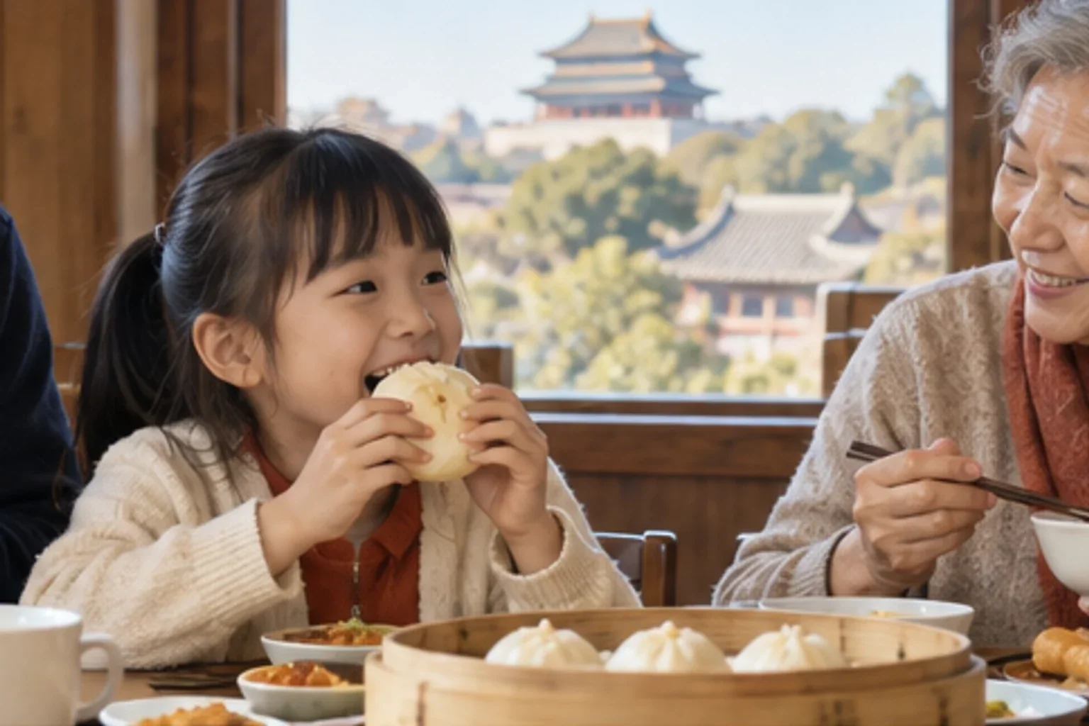 北京家庭旅行中一家人按时吃早餐